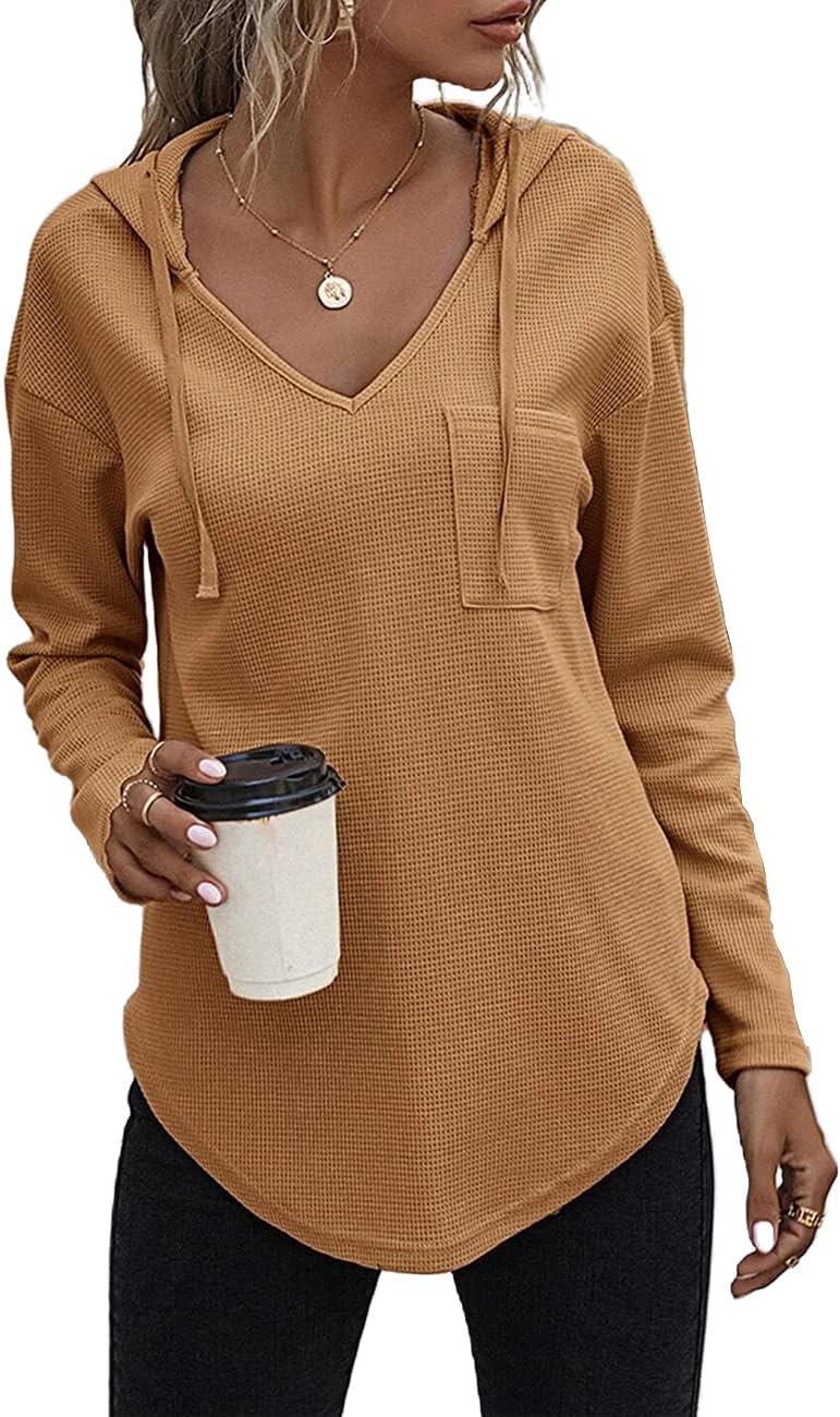 Women's V Neck Hoodies Long Sleeve Sweatshirt Drawstring Pullover Tops with Pocket