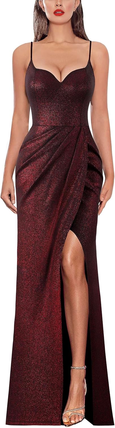 VFSHOW Womens Sexy Formal Ruched Fitted High Slit Bodycon Maxi Dress Spaghetti Strap Sweetheart Cocktail Prom Evening Gown