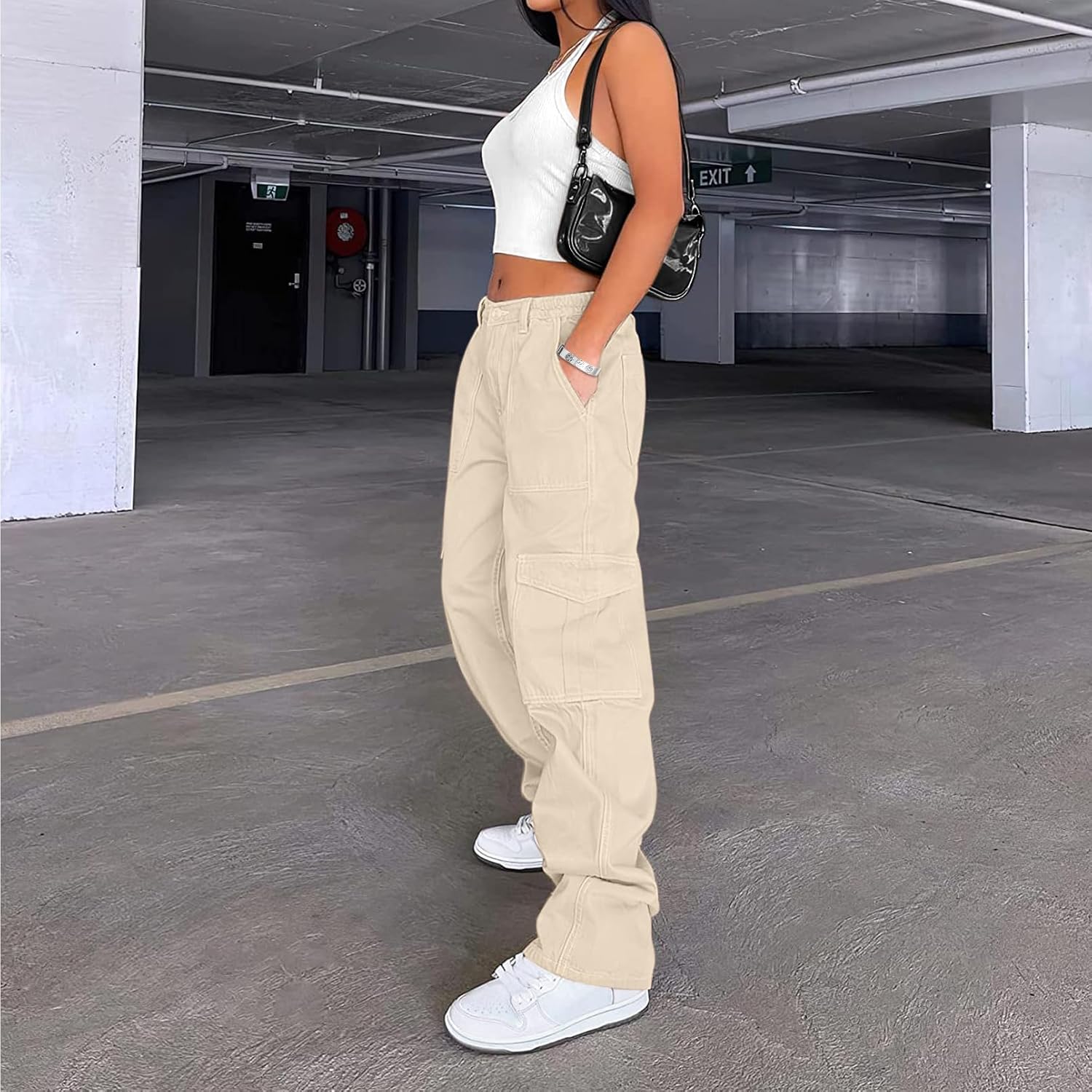 Lepunuo Cargo Pants for Women High Waisted Casual Pants Baggy Stretchy Wide Leg Y2K Streetwear with 6 Pockets