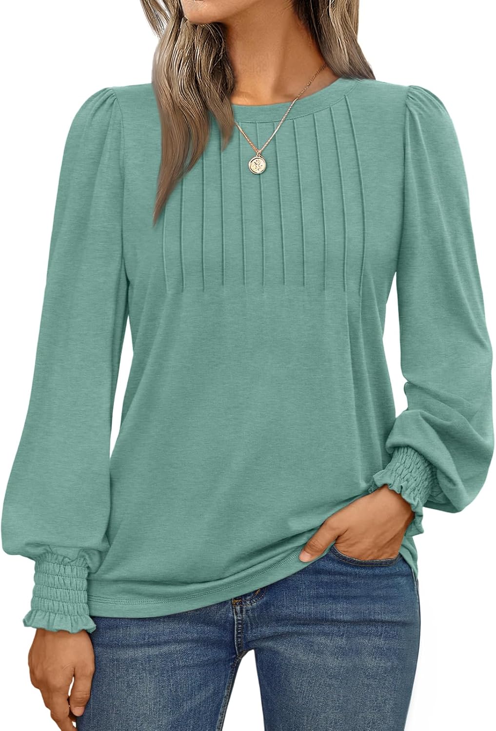 AUTOMET Long Sleeve Shirts Womens Pleated Business Casual Blouses with Smocked Cuffs