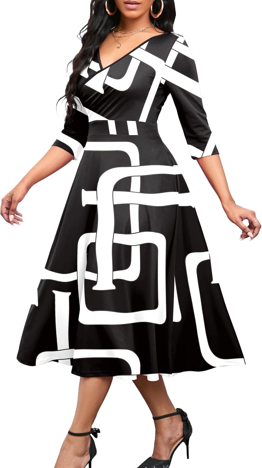 Nmoder Women's Casual Wrap Flared Midi Dress Wedding Guest Cocktail Tea Dresses A-Line Swing V-Neck 3/4 Sleeve