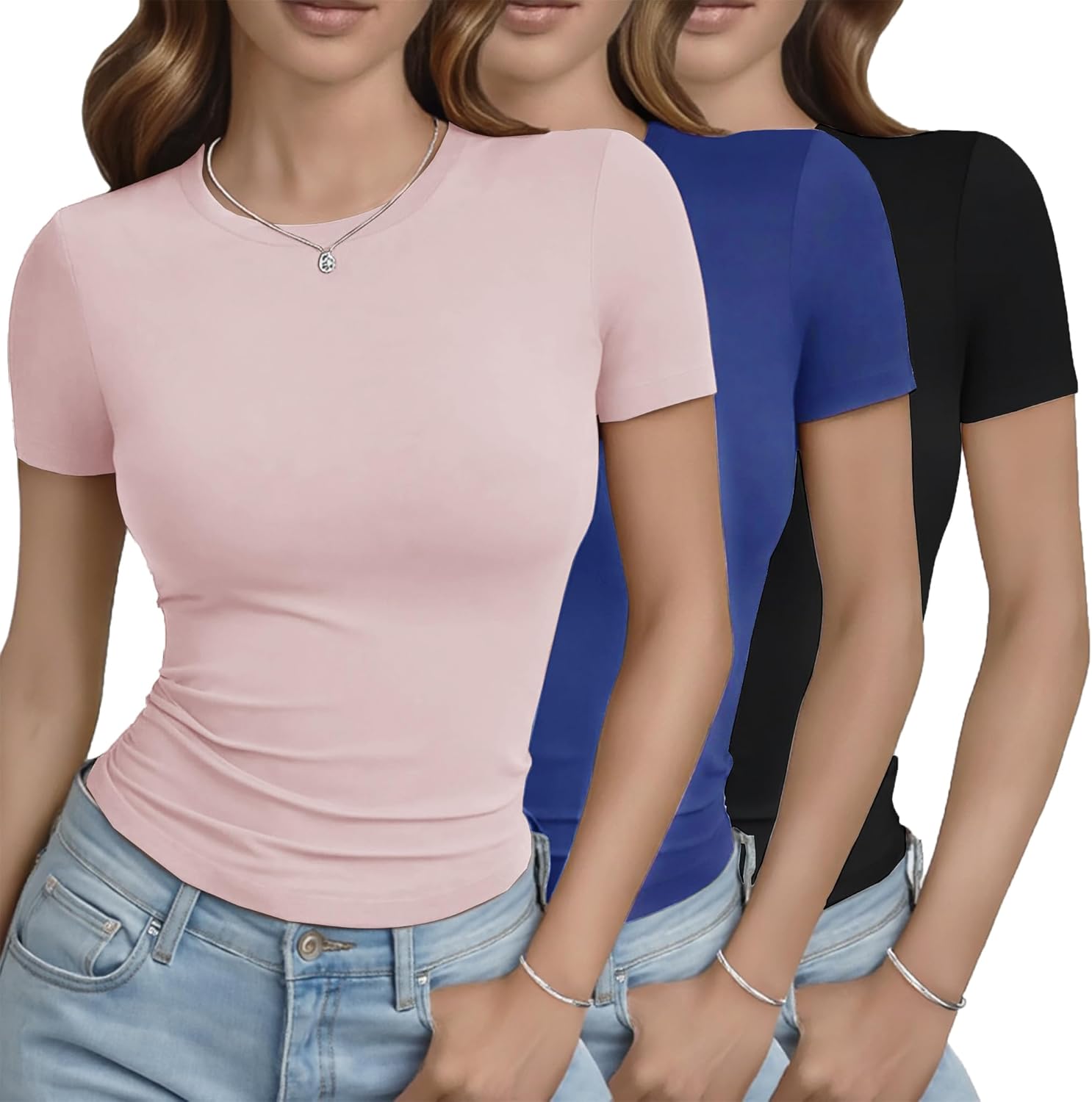 GAYHAY 3 Pack Basic Tees for Women - Crew Neck Slim Fit Tight T Shirts Cute Y2K Trendy Crop Tops Clothes for Casual Summer
