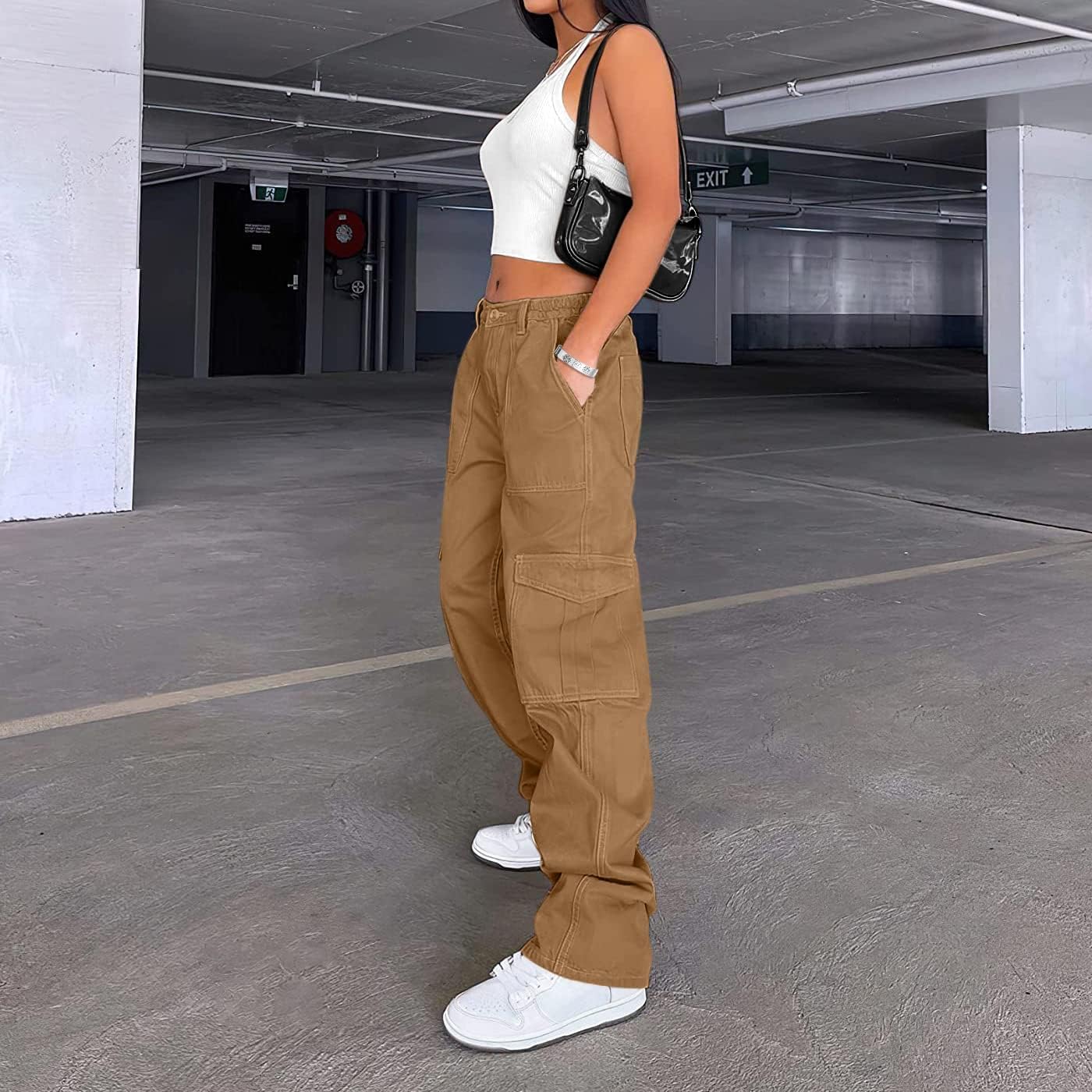 Lepunuo Cargo Pants for Women High Waisted Casual Pants Baggy Stretchy Wide Leg Y2K Streetwear with 6 Pockets
