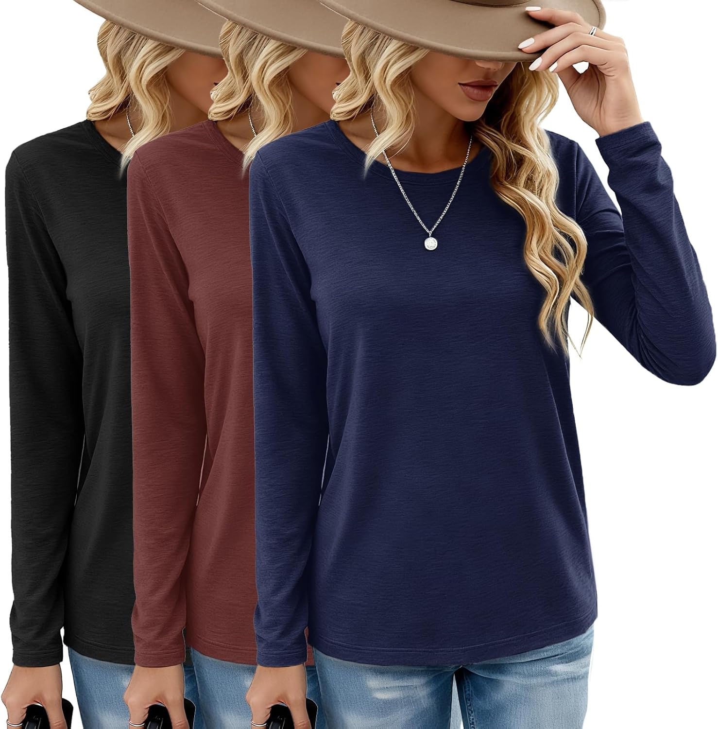 GAYHAY 3 Pack Long Sleeve Shirts for Women - Loose Fit Crew Neck Basic Tees Fall Tops Outfits Casual Clothes 2025