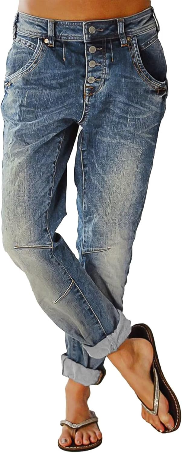 Flamingals Women's Stretchy Straight Leg Casual Low Rise Jeans Wash Button Fly Stitch Detail 90s Trendy Denim Jeans