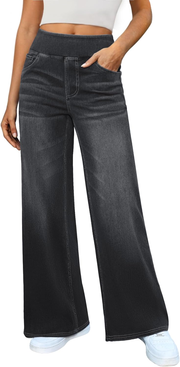 Women's Wide Leg Jeans High Waisted Stretchy Denim Pants Elastic Waist Pull On Sweatpant Jeans Trendy Baggy Loose