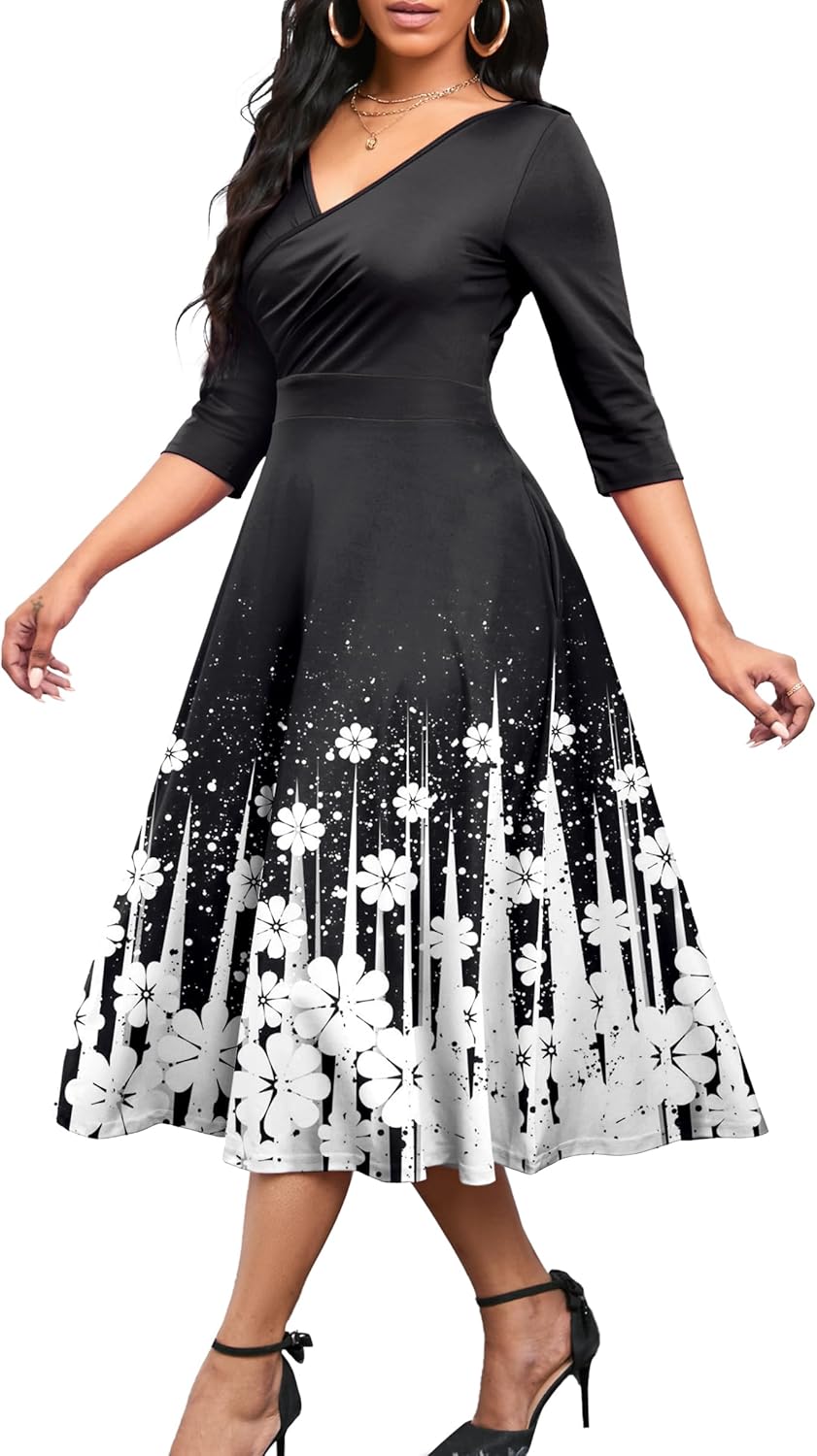 Nmoder Women's Casual Wrap Flared Midi Dress Wedding Guest Cocktail Tea Dresses A-Line Swing V-Neck 3/4 Sleeve