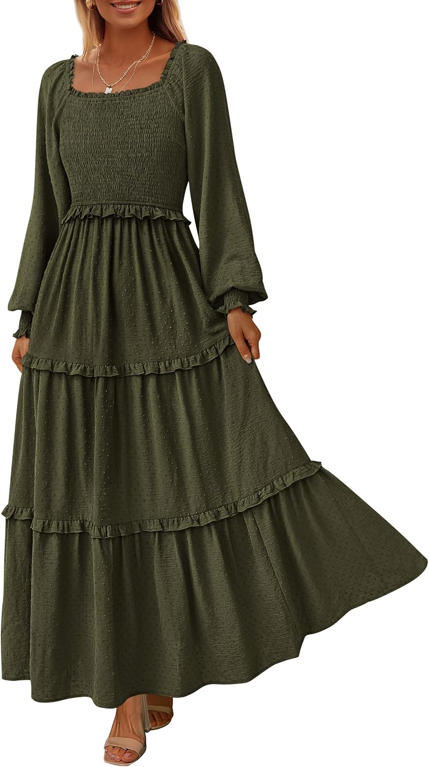 PRETTYGARDEN Fall Dresses for Women 2025 Long Sleeve Smocked Square Neck Swiss Dot Tiered Flowy Wedding Guest Maxi Dress