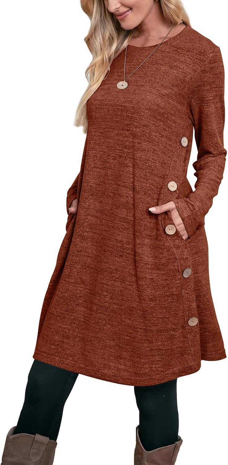 OFEEFAN Long Sleeve Dress for Women Crew Neck Tunic Dress with Pockets Buttons Side