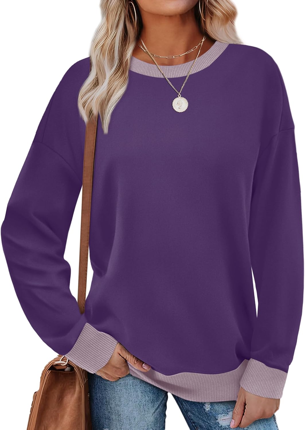 Saloogoe Sweatshirts for Women Crewneck Long Sleeve Loose Fit Tops Color Block Ribbed Trim Fashion 2025