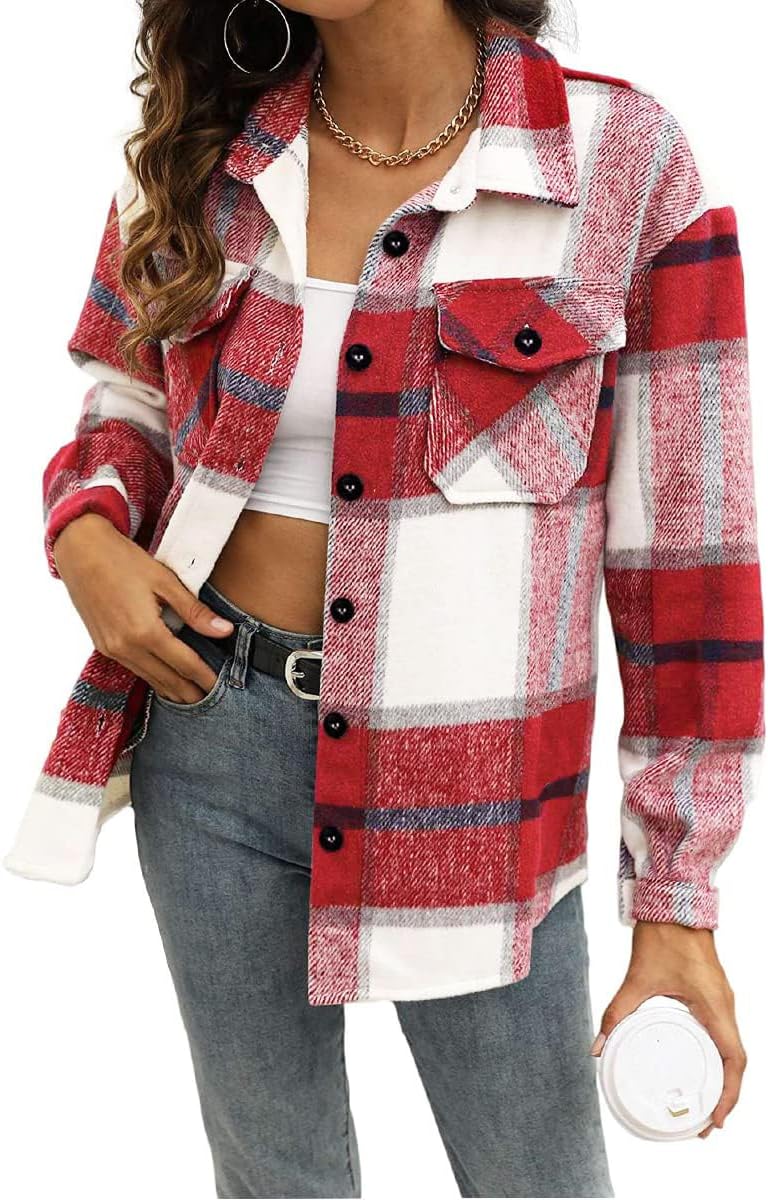 Trendy Queen Womens Flannel Shacket Casual Jacket Plaid Button Down Long Sleeve Shirt Fall Winter Outfits