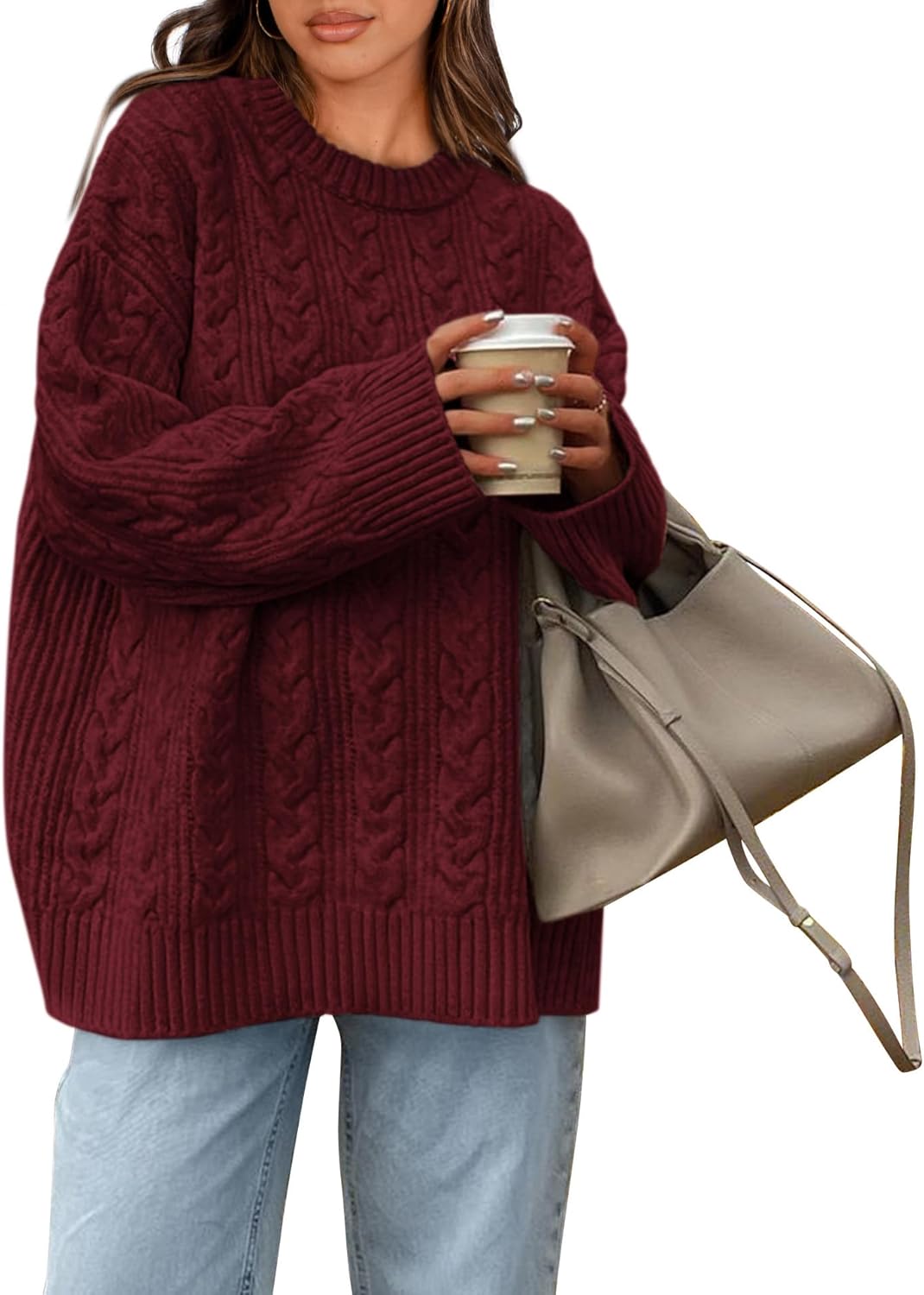 Okiwam Women's Oversized Sweaters Crewneck Cable Knit Pullover Casual Loose Fall Outfits Fashion Clothes 2025