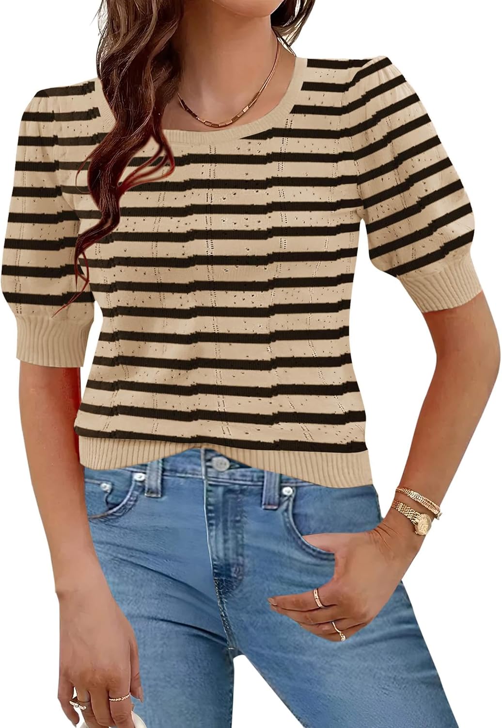 HOTOUCH Sweaters for Women 2025 Fall Trendy Tops Casual Puff Sleeve Square Neck Cute Tunic Pullover Blouses XS-XXL