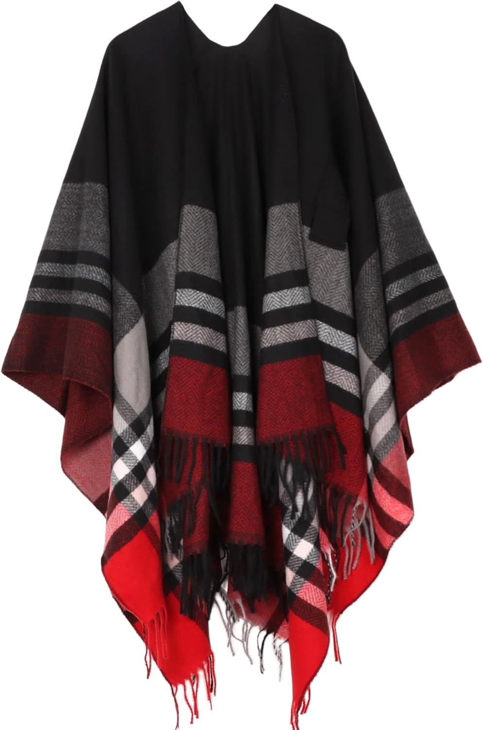 Bestshe Women's Boho Open Front Poncho Knitted Plaid Shawl Wrap Cape Tassel Cardigan Sweater