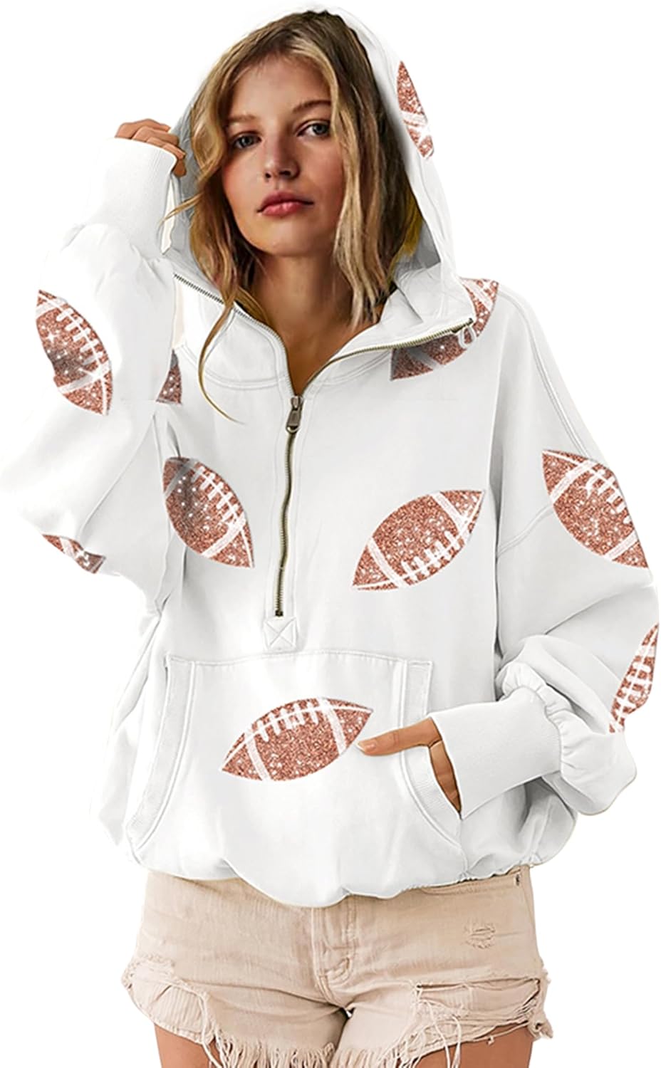 SeekMe Womens Game Day Sweatshirts Football Sequin Hoodies Tailgate Outfits Long Sleeve Zipper Sweaters with Pocket