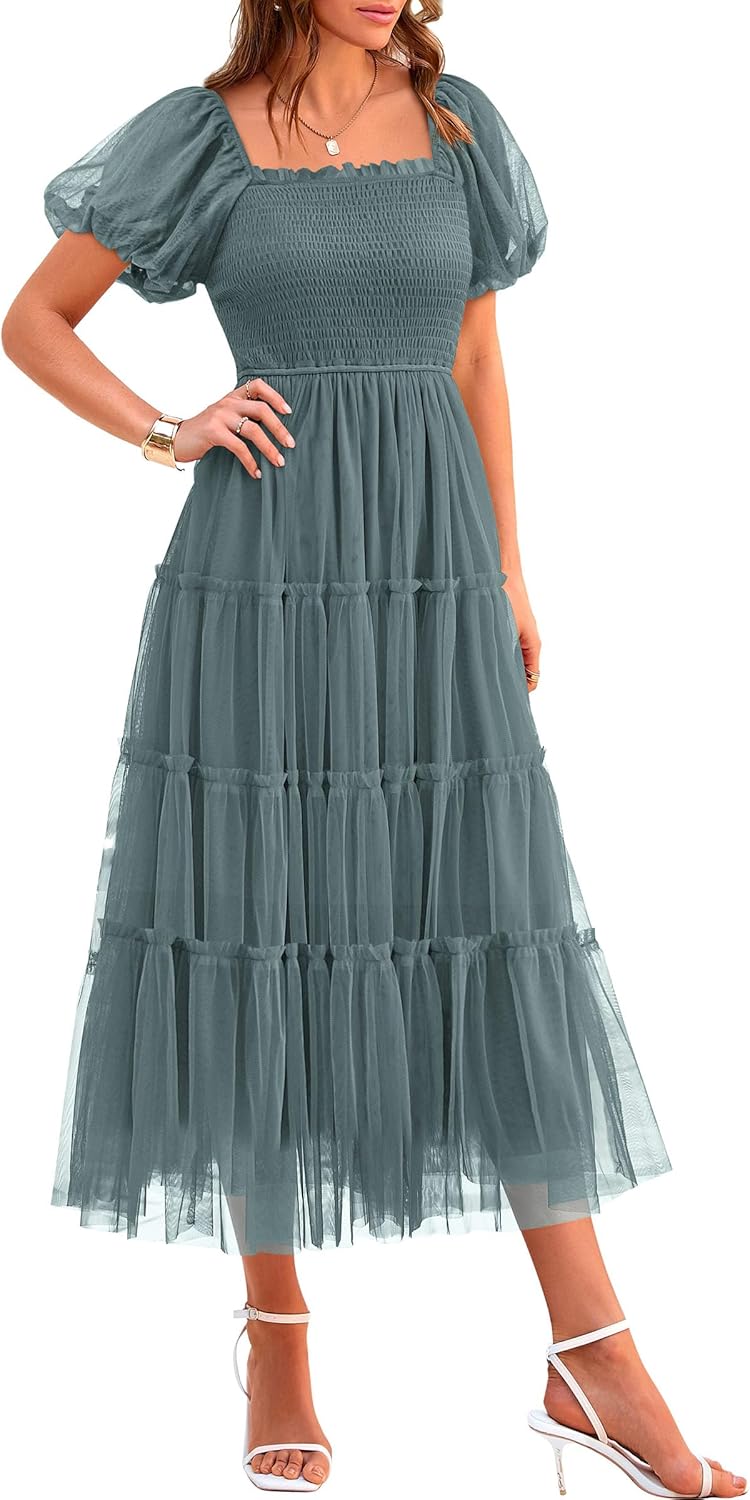 PRETTYGARDEN Women's Smocked Midi Tulle Dress 2025 Summer Puffy Short Sleeve Square Neck Ruffle Wedding Guest Party Dresses