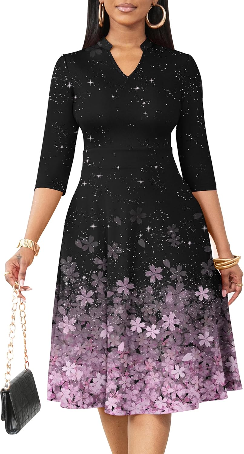 Nmoder Casual Dresses for Women Semi Formal Fit and Flare 3/4 Sleeve A-line Church Work Dress with Pockets