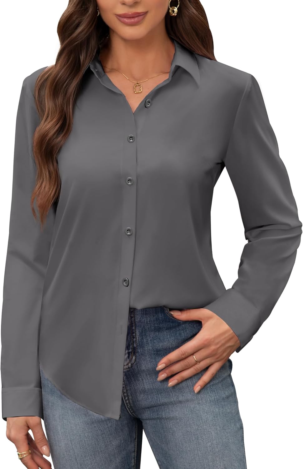 siliteelon Women's Stain Shield Dress Shirts Wrinkle Free Long Sleeve Shirts Solid Work Business Button Down Shirts