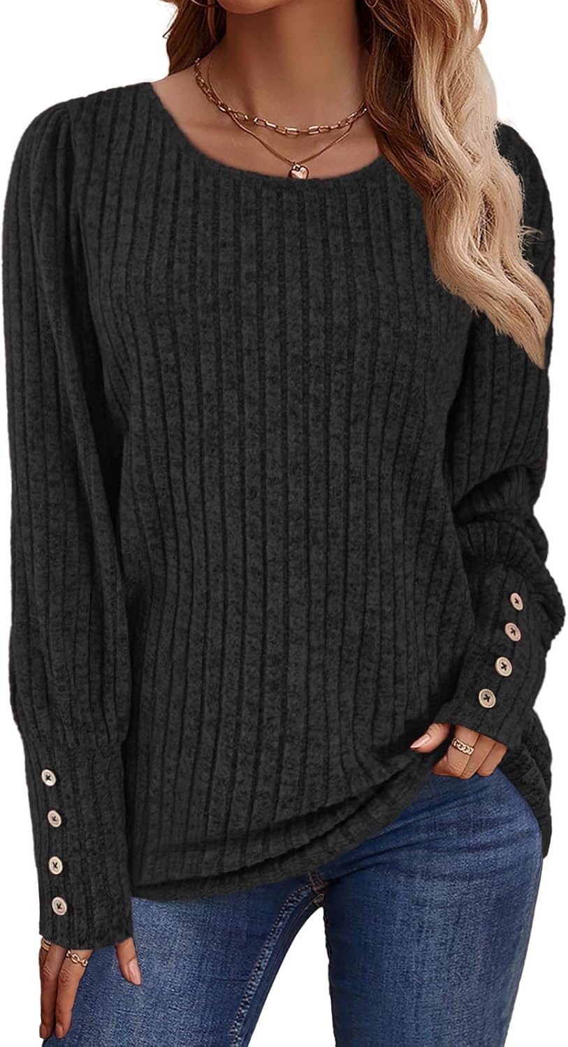 Lylinan Womens Ribbed Knit Long Sleeve Tops Casual Button Cuff Pullover Sweaters Blouses S-XXL