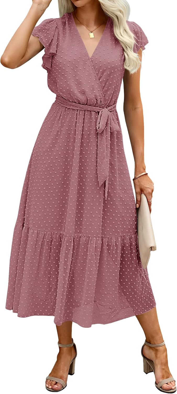 BTFBM Women Summer Bohemian Floral Casual Wrap V Neck Ruffle Cap Sleeveless Belt A-Line Pleated Hem Midi Sun Dress White