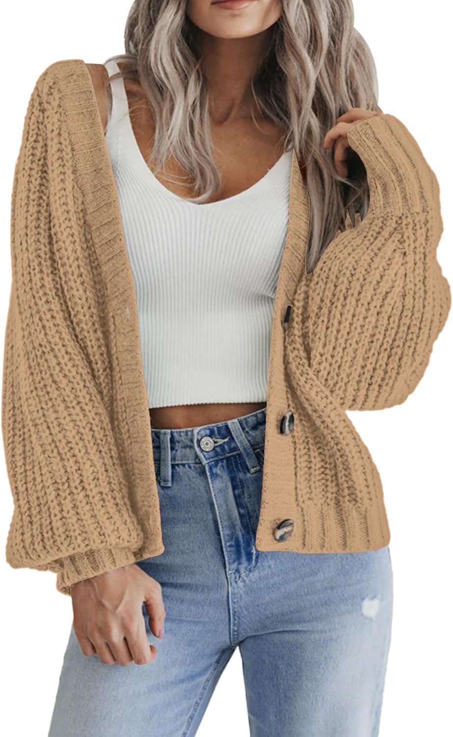 Zeagoo Women's 2025 Fall Chunky Knit Cardigans Open Front Long Sleeve V Neck Button Loose Cardigan Sweaters