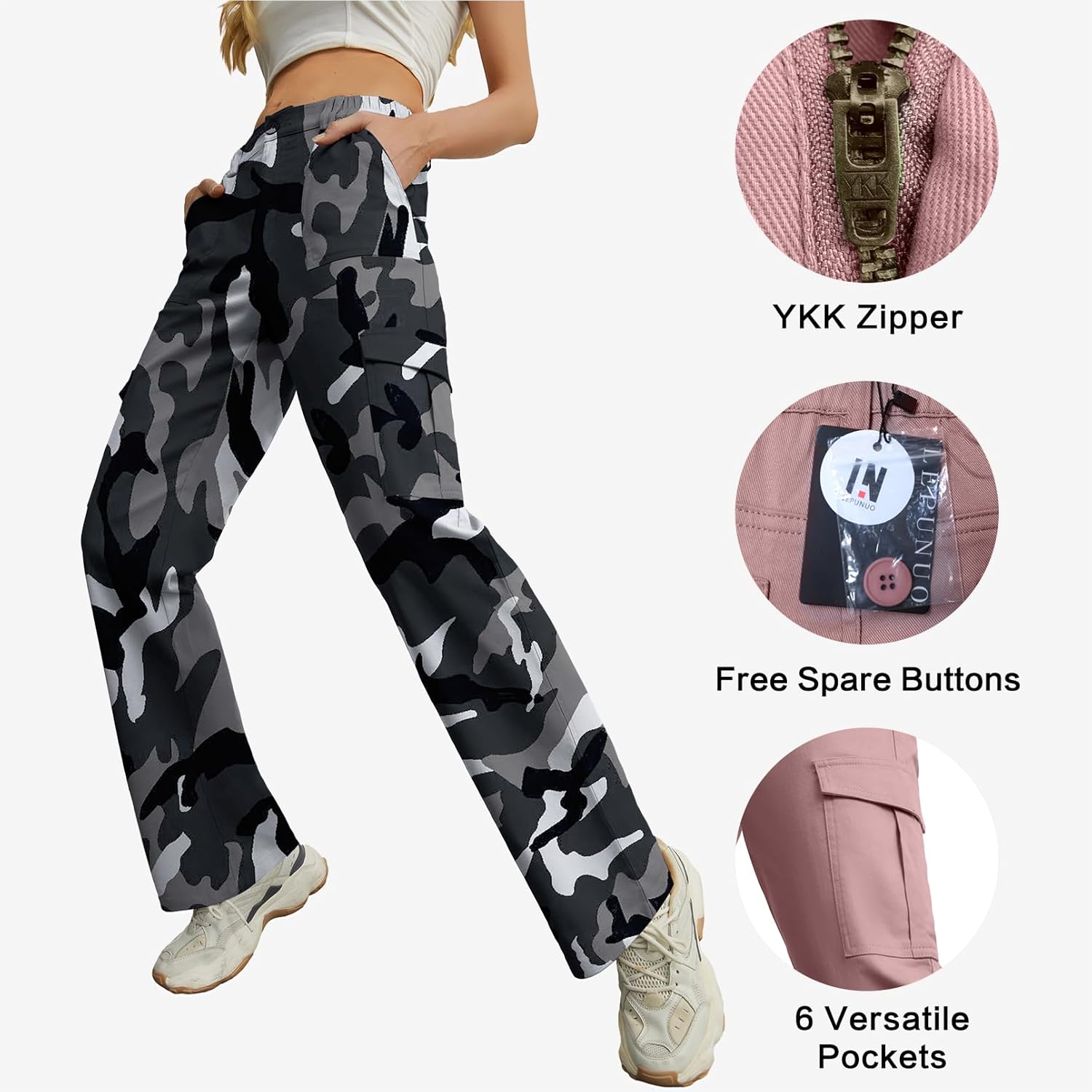 Lepunuo Cargo Pants for Women High Waisted Casual Pants Baggy Stretchy Wide Leg Y2K Streetwear with 6 Pockets
