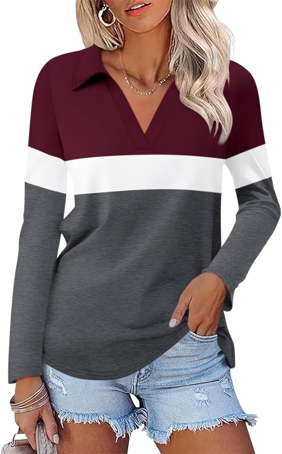 ORANDESIGNE Women's Long Sleeve Polo Shirts Casual Color Block V Neck Tops Fall Collar Ladies Tunics Tees