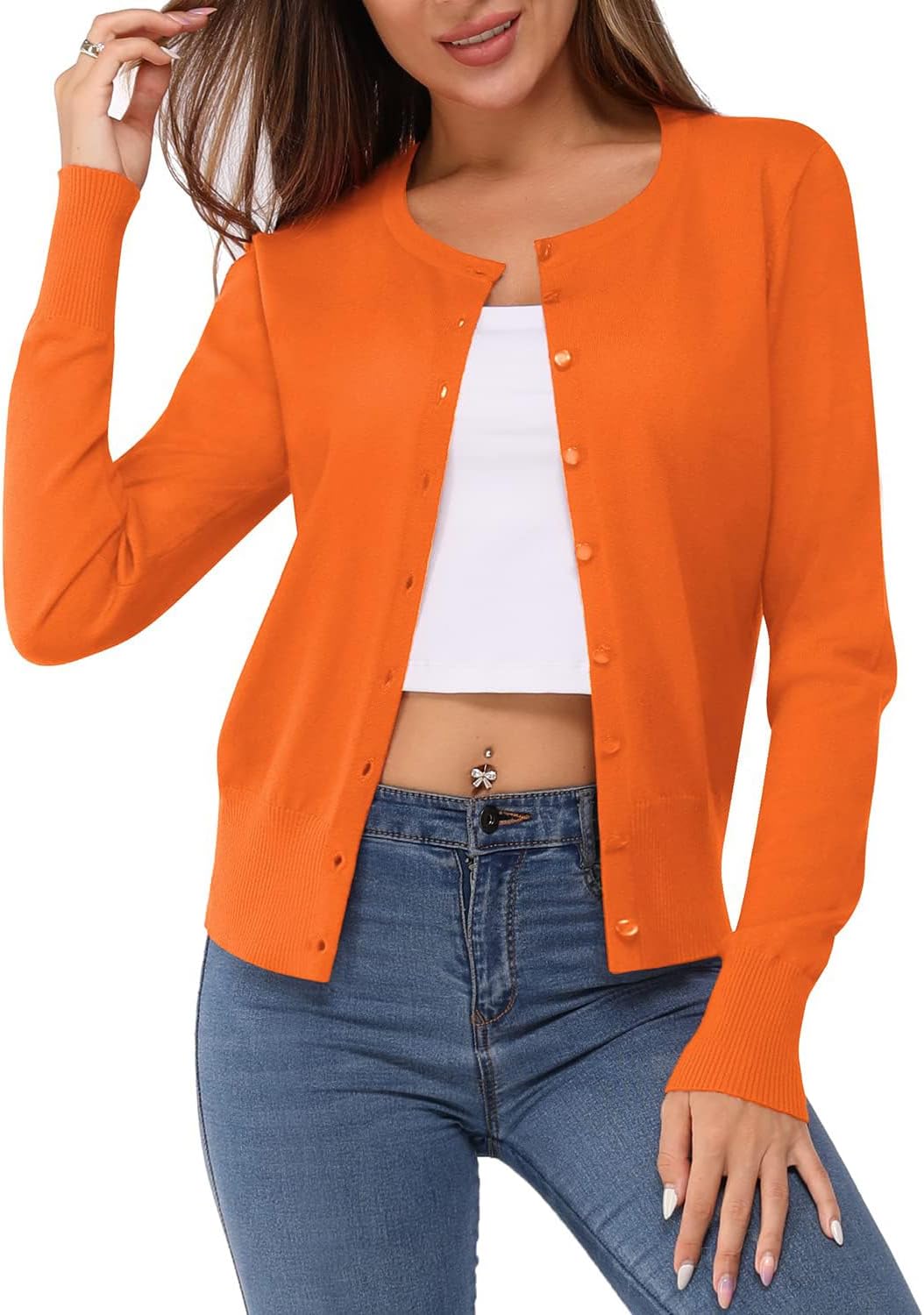 Newshows Women's Lightweight Button Down Cardigan Long Sleeve Casual Crew Neck Soft Knit Cardigans Sweater Tops