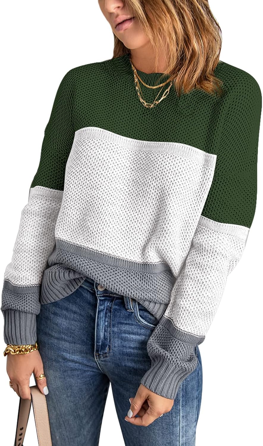 Dokotoo Womens Color Block Sweaters Long Sleeve Crewneck Pullover Knit Jumper Tops