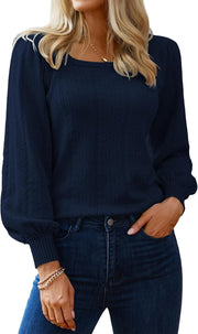 HOTOUCH Sweaters for Women 2025 Fall Trendy Tops Casual Puff Sleeve Square Neck Cute Tunic Pullover Blouses XS-XXL