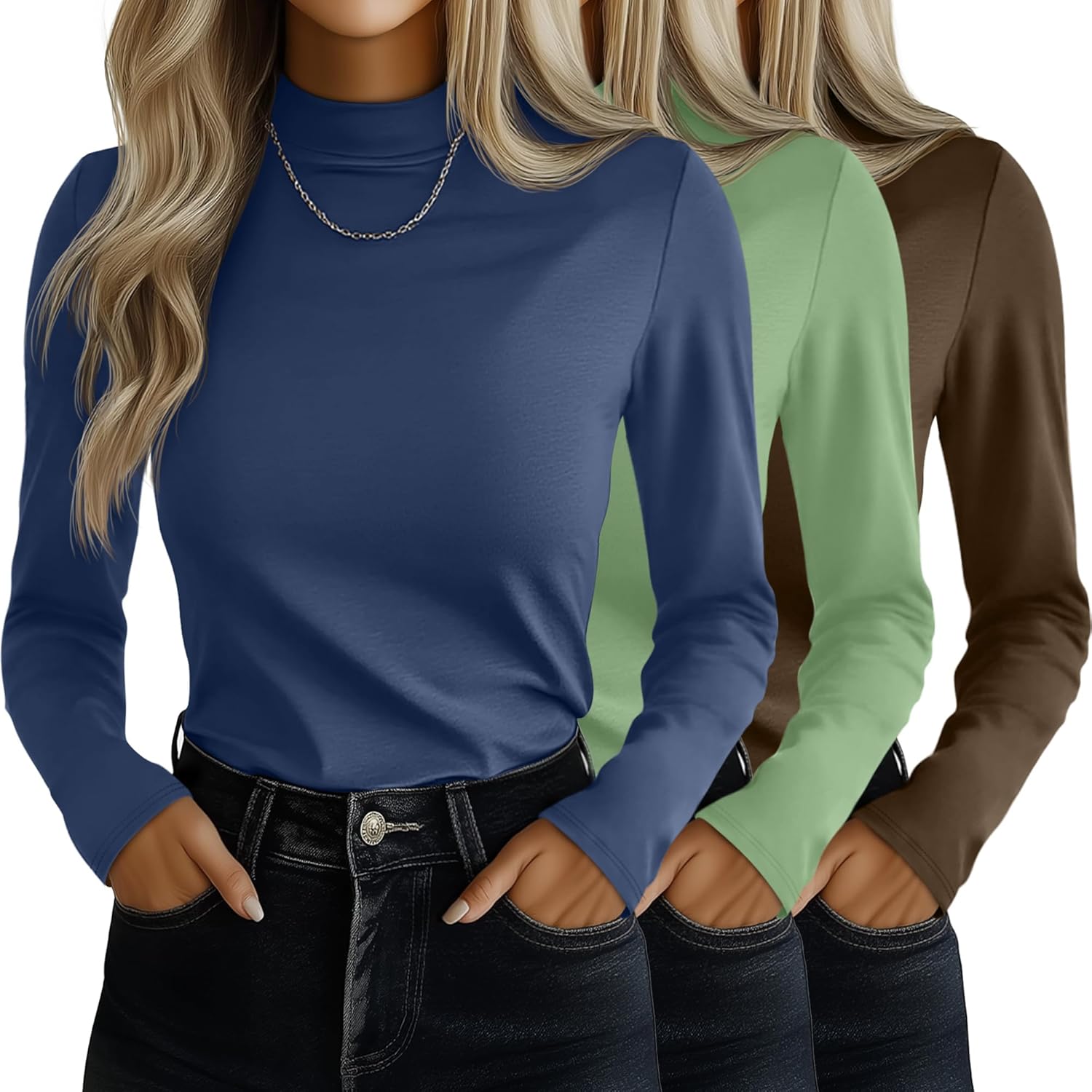 Ficerd 3 Pack Women's Mock Turtleneck Shirts, Long Sleeve Mock Neck Pullover Tops Slim Fitted Stretch Undershirt Tee Blouse
