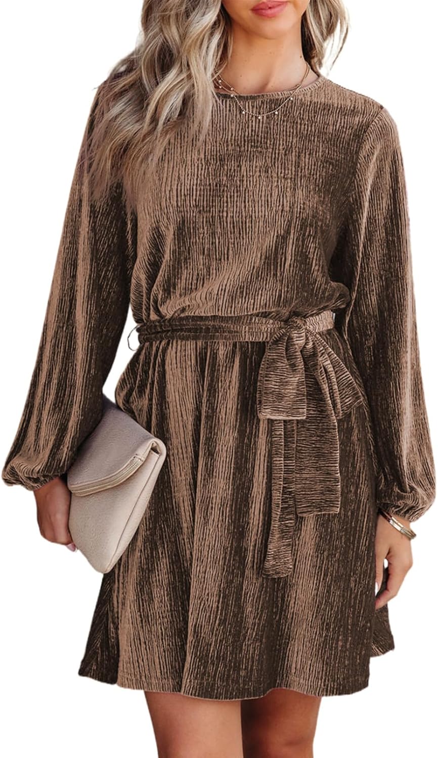 Happy Sailed Women's Velvet Dress Fall Fashion Lantern Sleeve High Waist A-Line Skater Cocktail Party Dresses with Belt