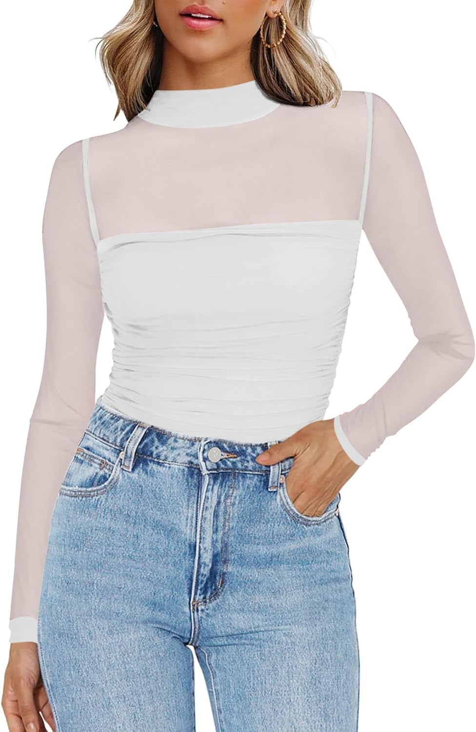 Zeagoo Womens Mesh Sheer Long Sleeve Top Mock Turtle Neck See Though Shirts Ruched Sexy Casual Going Out Blouses