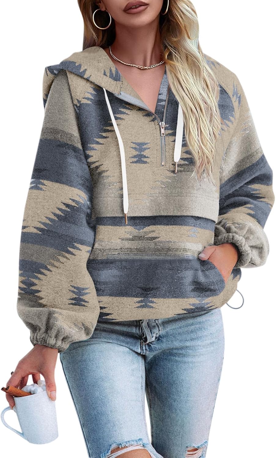 Fessceruna Womens Aztec Half Zip Up Hoodies Sweatshirt Casual Long Sleeve Oversized Ethnic Tribal Hooded Pullover Shirt Top