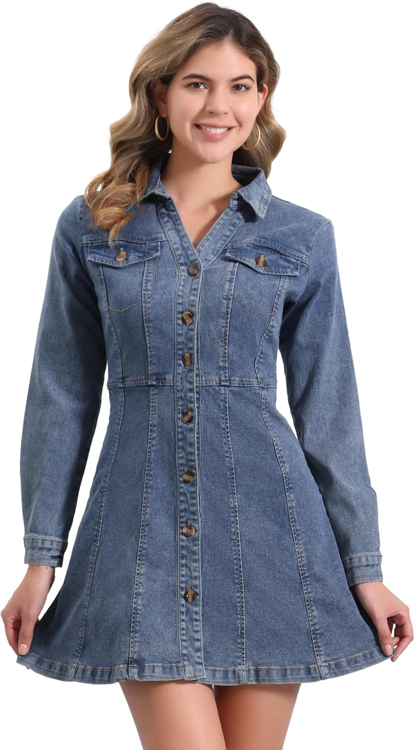 Allegra K Women's Denim Dress Button Down Collar V Neck Long Sleeve A-line Cotton Jean Dress
