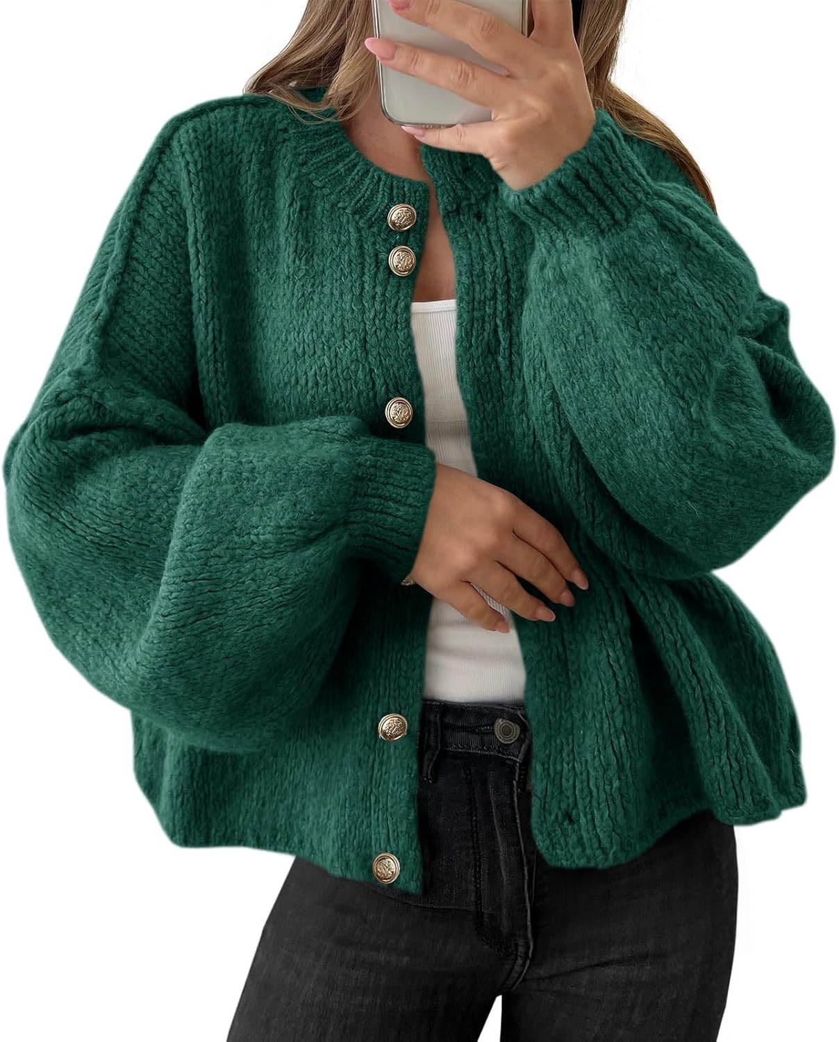 Saodimallsu Womens Oversized Cardigans Button Up Long Lantern Sleeve Chunky Knit Casual Soft Fall Sweater Coats