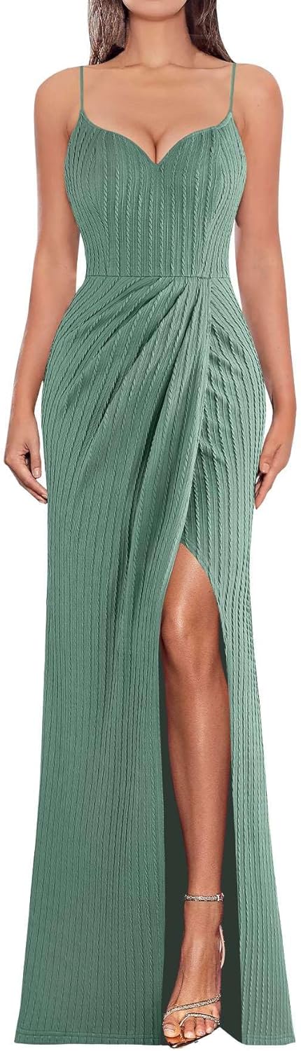 VFSHOW Womens Sexy Formal Ruched Fitted High Slit Bodycon Maxi Dress Spaghetti Strap Sweetheart Cocktail Prom Evening Gown