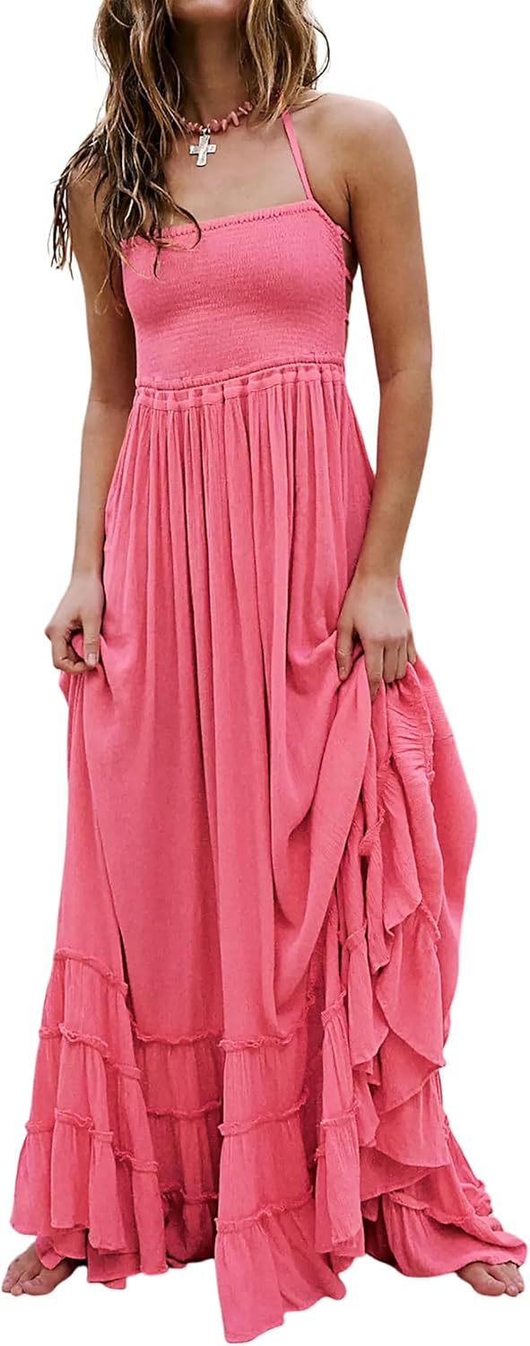 R.Vivimos Womens Summer Boho Sexy Backless Long Dresses