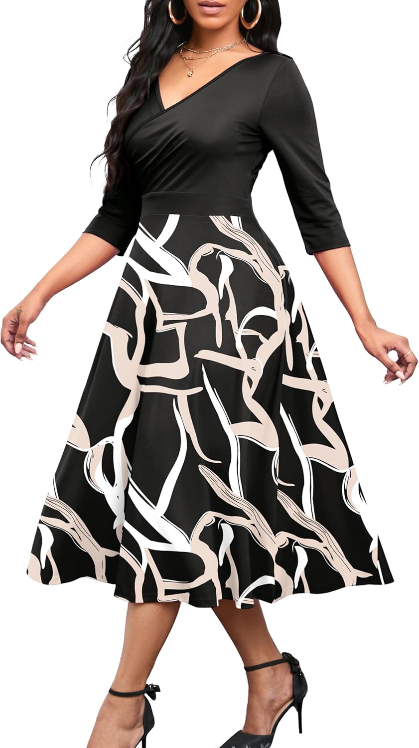 Nmoder Women's Casual Wrap Flared Midi Dress Wedding Guest Cocktail Tea Dresses A-Line Swing V-Neck 3/4 Sleeve