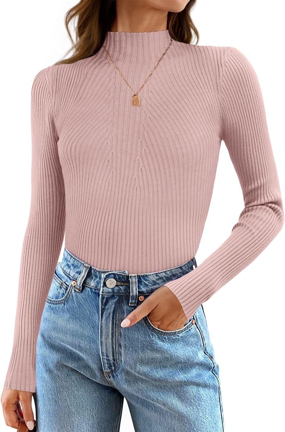 ZESICA Women's 2025 Fall Long Sleeve Turtleneck T Shirt Ribbed Knit Sweater Slim Fit Basic Casual Tee Tops