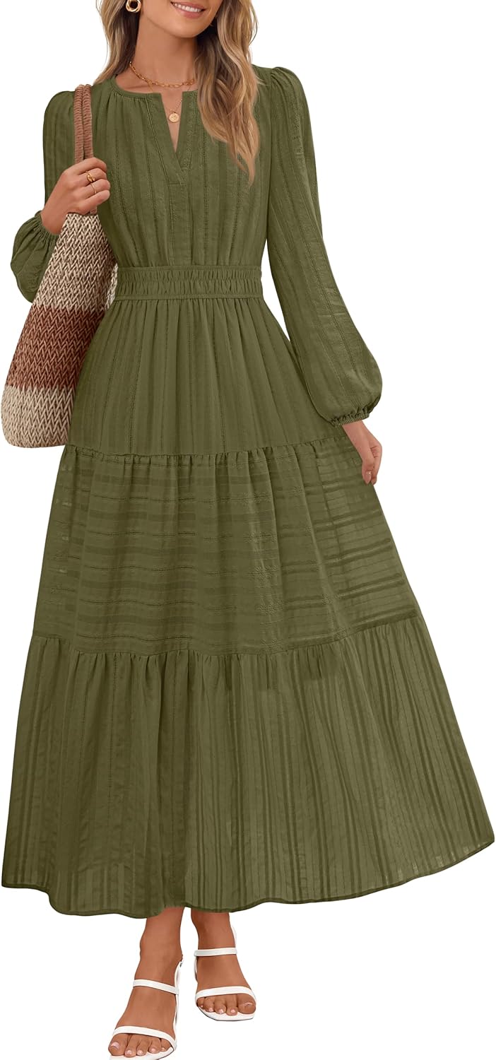 MEROKEETY Fall Dresses for Women 2025 Winter Long Sleeve Casual V Neck Tiered Cotton Midi Maxi Dress Pockets