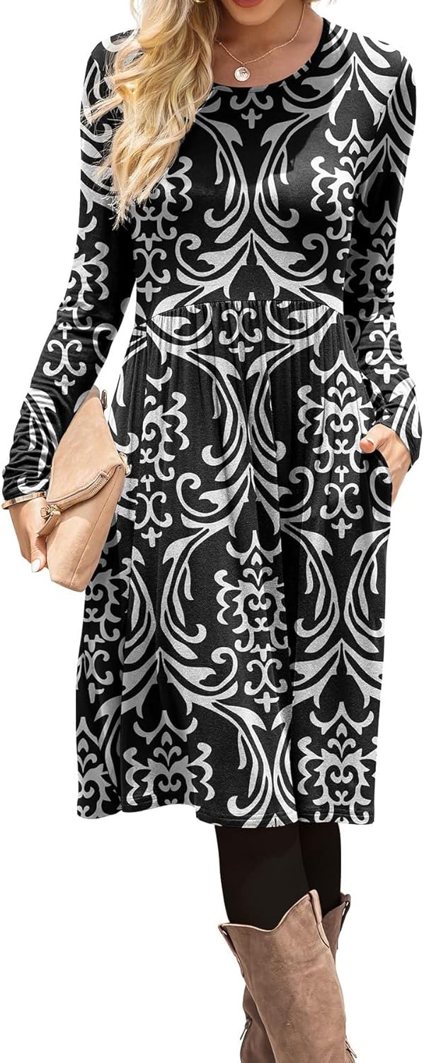 DB MOON Women Casual Long Sleeve Dresses Empire Waist Knee Length Loose Dress with Pockets