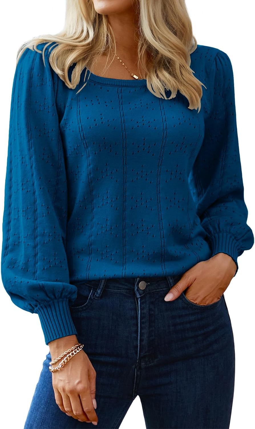 HOTOUCH Sweaters for Women 2025 Fall Trendy Tops Casual Puff Sleeve Square Neck Cute Tunic Pullover Blouses XS-XXL