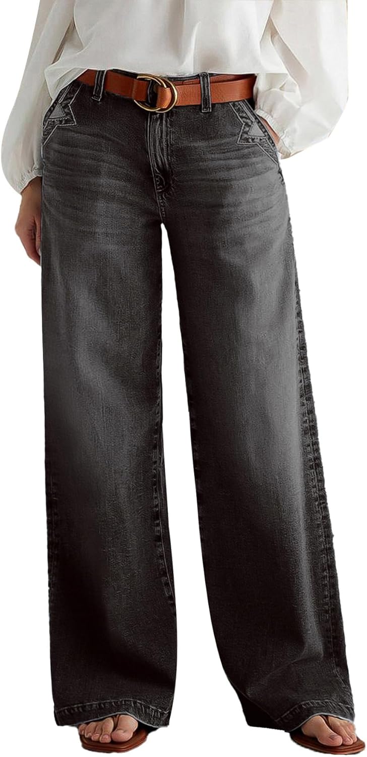 Flamingals Wide Leg Jeans for Women Mid Waist Baggy Stitch Decor Denim Washed Pants Without Belt