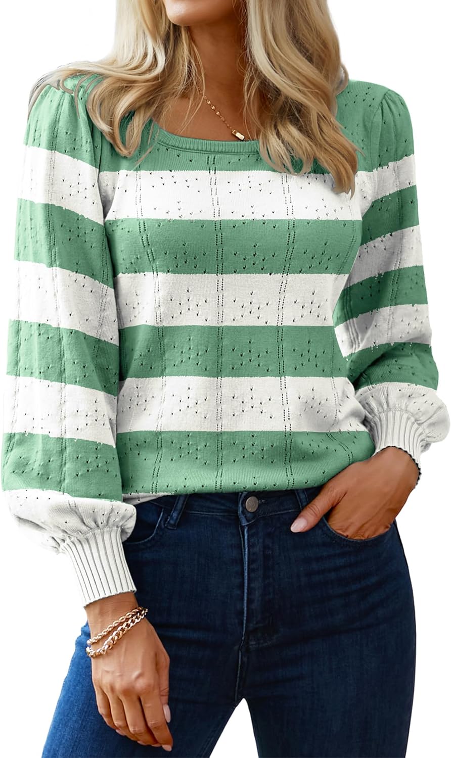 HOTOUCH Sweaters for Women 2025 Fall Trendy Tops Casual Puff Sleeve Square Neck Cute Tunic Pullover Blouses XS-XXL