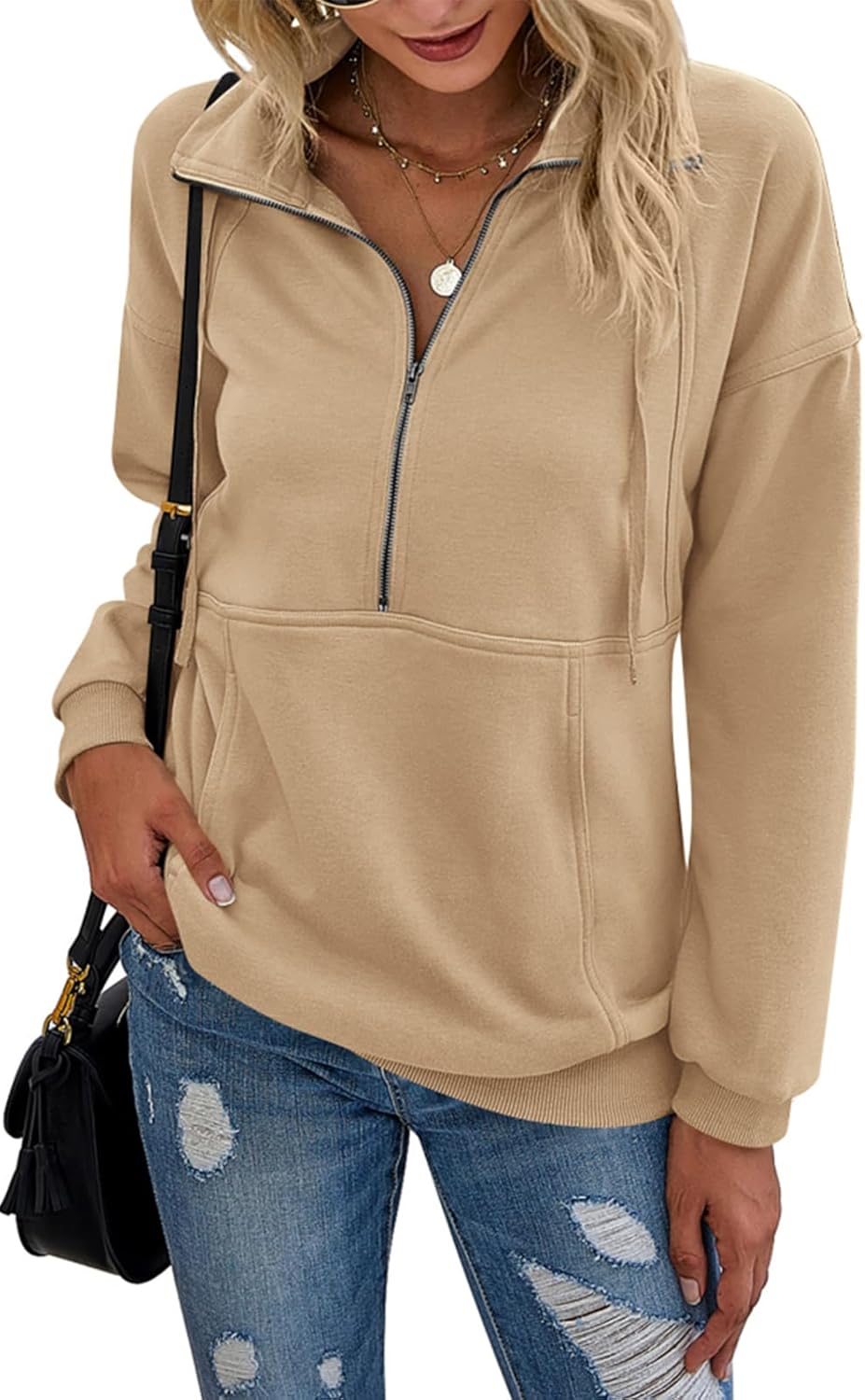 PRETTYGARDEN Women's Casual Long Sleeve Lapel Zipper Sweatshirt Drawstring Loose Pullover Tops