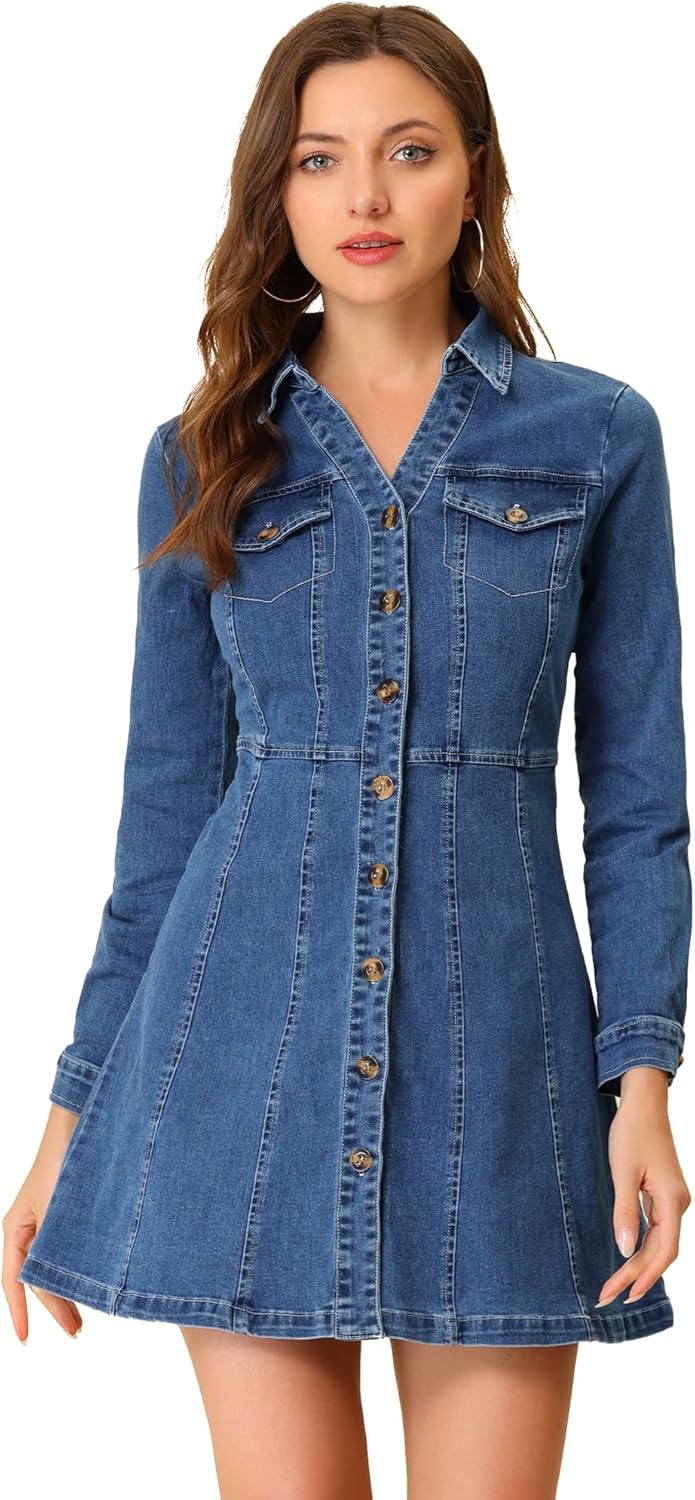 Allegra K Women's Denim Dress Button Down Collar V Neck Long Sleeve A-line Cotton Jean Dress