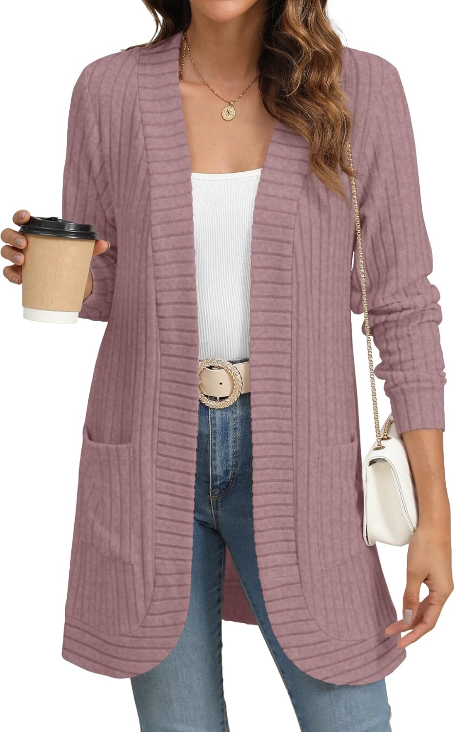 Women Long Sleeve Open Front Cardigan Casual Lightweight Long Cardigans Loose Knit Outwear with Pockets