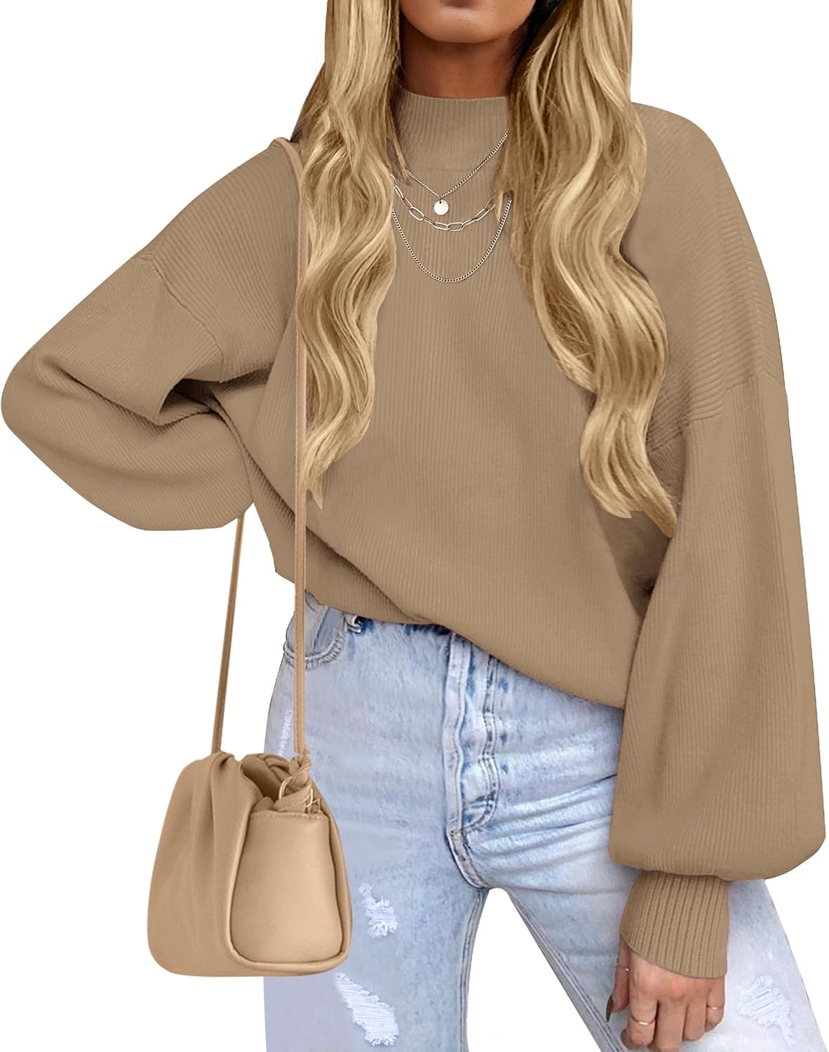 ZESICA Women's Casual Turtleneck Long Lantern Sleeve Fall 2025 Oversized Ribbed Knit Pullover Sweater Jumper Top