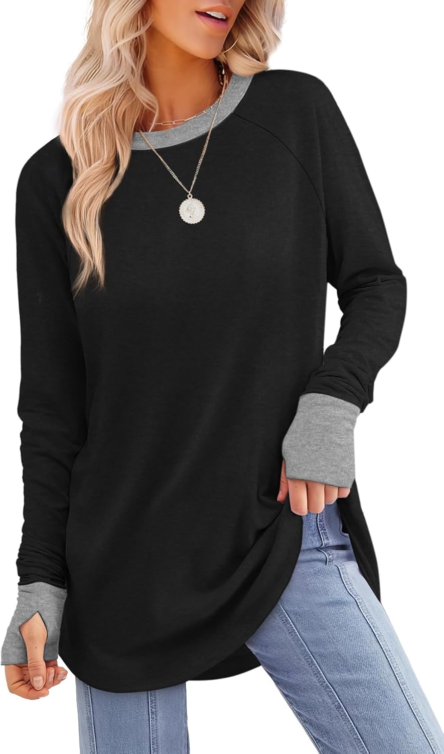XIEERDUO Womens Tunic Tops to Wear with Leggings Long Sleeve Thumb Hole Shirts Crew Neck Curved Hem